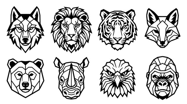 Geometric Wild Animal Heads Line Icon Set Featuring Poly Wolf Lion Tiger Fox Bear Rhinoceros Eagle and Gorilla Mascots for Sports Team Logos and Apparel Graphics