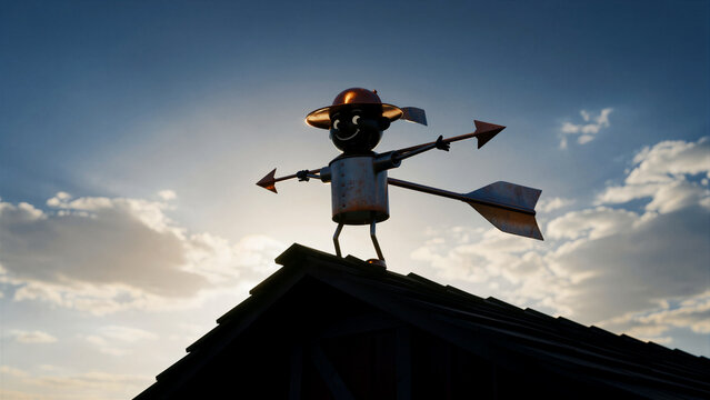 Antique metal weathervane on a wooden rooftop. Rusty figure holds directional arrows against a cloudy sky. Wind direction concept suitable for housing and weather marketing.