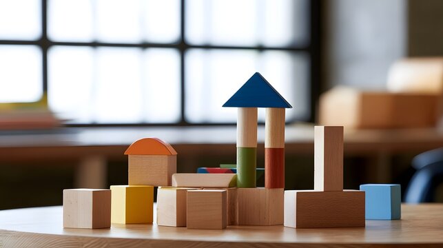 Colorful wooden blocks arranged into a small house and tower on a light wood table near a bright window