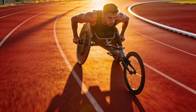 Paralympic athlete training with wheelchair on athletics track. Determination, sunset