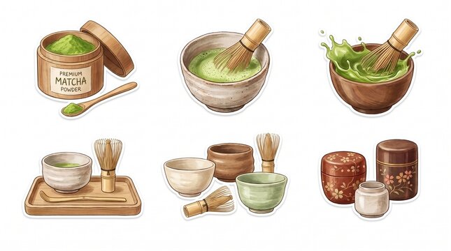 Traditional japanese matcha green tea ceremony element set, watercolor vector sticker collection
