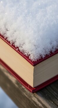 Book covered in snow on table.