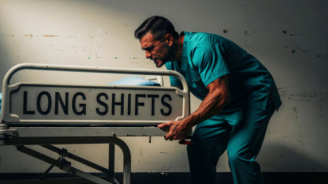 Exhausted nurse pushing bed with Long Shifts text. Medical worker showing fatigue. Healthcare burnout concept for wellness campaigns.