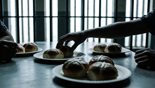 Prison cafeteria table with shared hot cross buns on paper plates. Silhouetted hands