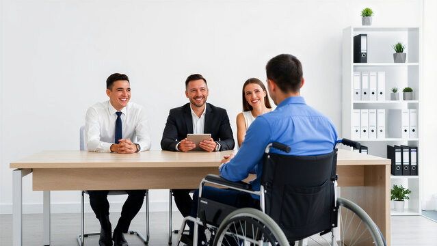 Man in wheelchair attending a job interview with a professional panel. Recruiters engaging with a candidate in a bright office. Inclusion and accessibility concept for HR and equal opportunity.