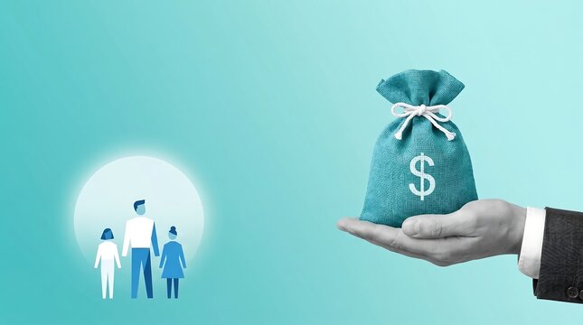 Hand holding money bag with family silhouette for financial planning and insurance concept