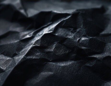 Deep black crumpled paper texture background template with moody folds