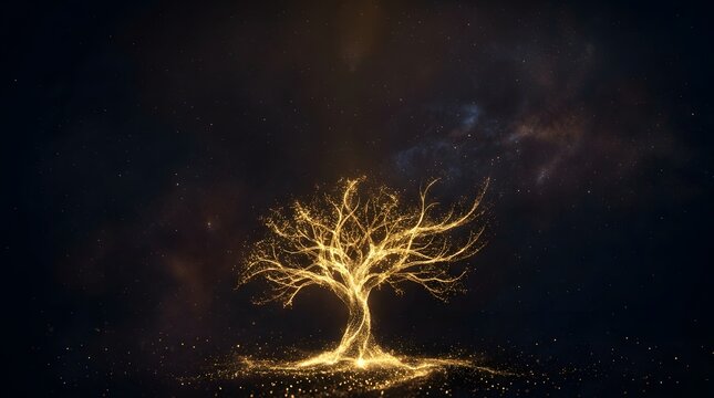 A glowing golden tree standing in the center of a dark mysterious forest with magical light particles