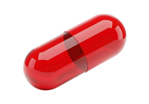 Red pharmaceutical capsule with glossy finish on transparent background pill