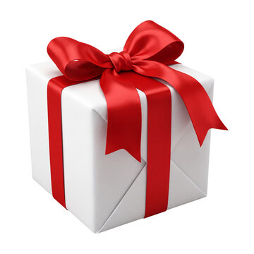 White gift box with red ribbon bow isolated on transparent background