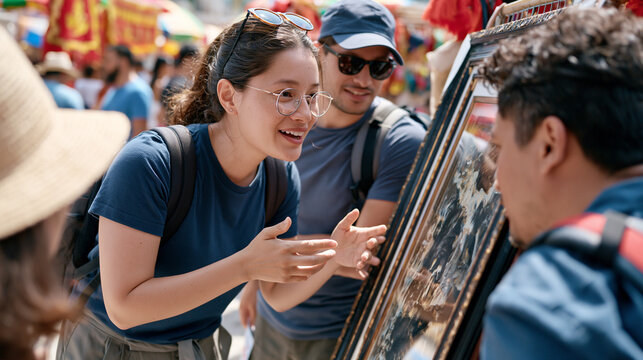 A picture framer stands in harsh midday sunlight outside a crowded cultural festival, her team examining a large ornate frame propped against a vendor booth, animated discussion visible in their ges