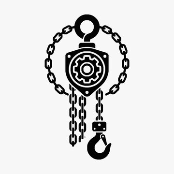 Industrial Black and White Hoist Machine with Gear and Chain Hook for Heavy Lifting Equipment with high quality professional line art symbols for modern creative design and digital branding projects