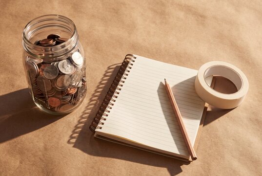 Personal budgeting concept with coin jar and open notebook