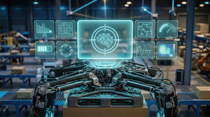 Fototapeta premium Close-up of a futuristic robotic lifting mechanism with a floating holographic digital interface showing AI brain and data analytics in a high-tech automated warehouse