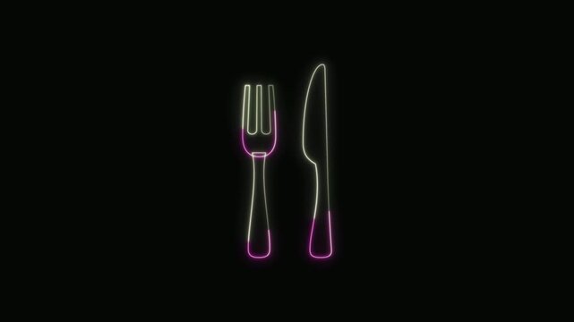  Fork and Knife Icon Neon Seamless Loop 4K with Black Background Animated Promotional Typography for Video Editing