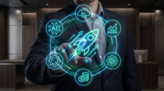 Businessman touching digital rocket launch icon for business startup and growth strategy