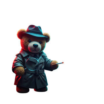 Cute cartoon bear character dressed as a detective with a magnifying glass isolated on transparent background
