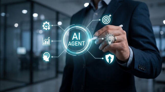Businessman interacting with AI agent digital interface in modern office environment.