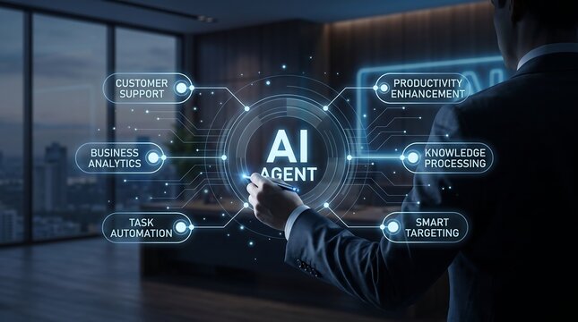 Businessman interacting with AI agent interface for business automation and data analytics.