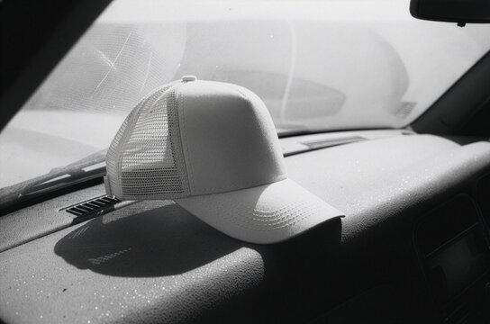 Blank white trucker cap mockup template on car dashboard