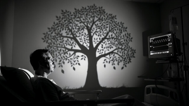 Patient in a hospital bed looking at a vital signs monitor. Dramatic black and white scene featuring a tree mural behind the bed. Healthcare concept for medical recovery and hope campaigns.