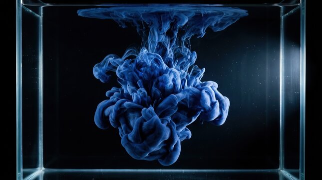 Abstract blue acrylic ink cloud dissolving in water isolated on black background