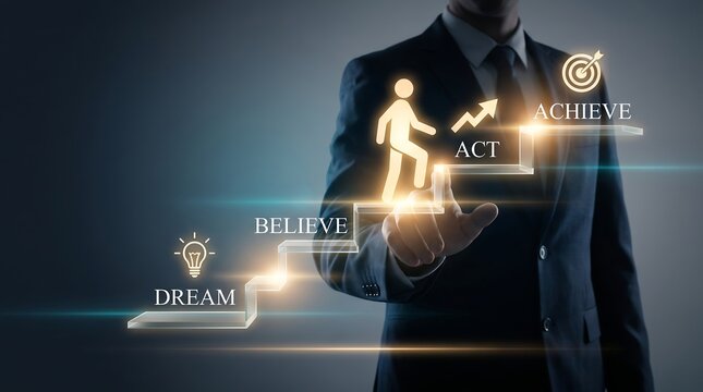 Businessman interacting with digital growth steps of dream believe act and achieve concept