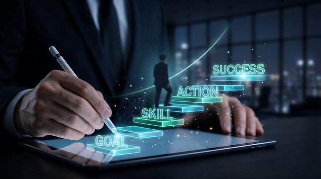 Businessman using tablet with digital growth chart and success steps hologram in office.