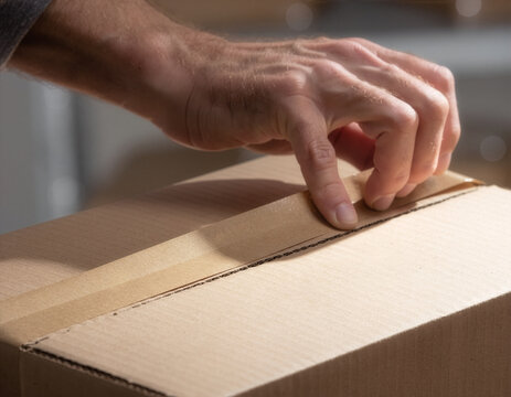Kraft shipping box packaging mockup with hand pressing tape