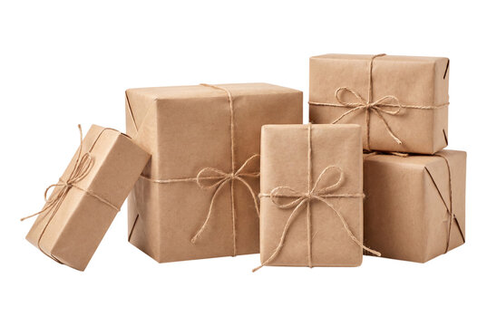 Set of gift boxes wrapped in brown paper isolated on transparent background