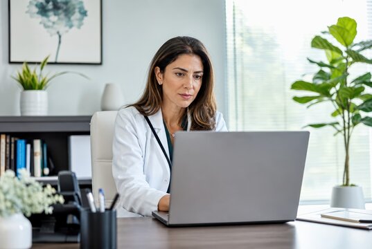 Professional female doctor analyzing medical records on laptop in bright modern healthcare office with natural light and plants