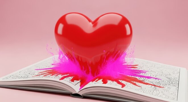 Open Book with Red Heart and Pink Feathers Erupting.