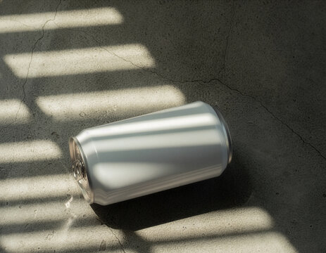 Silver aluminum beer can mockup template lying on concrete with shadows
