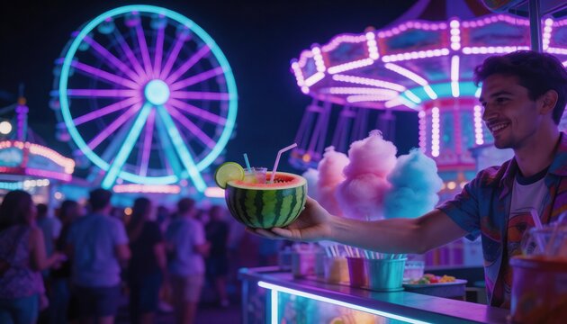 Night carnival with neon ferris wheel, swing ride and vendor offering a watermelon cocktail beside cotton candy