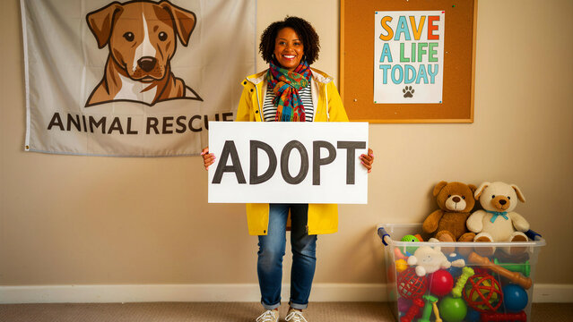 Woman holding adopt sign inside an animal shelter. Smiling volunteer promotes pet rescue wearing a yellow jacket and scarf. Animal welfare advocacy concept for charity and social marketing.