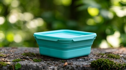 Fototapeta premium A teal collapsible food container sits on a mossy surface surrounded by blurred green foliage