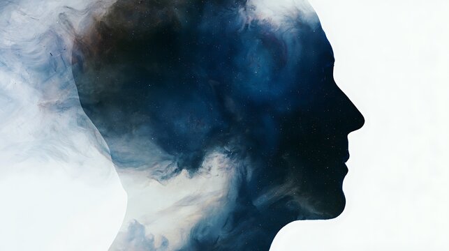 Prompt: A sovereign cosmic double exposure. A sharp human head silhouette is filled with a swirling, deep indigo and charcoal galactic nebula, with millions of tiny stars trapped inside the 