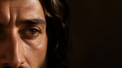 Fototapeta premium Close up portrait of Jesus Christ with thoughtful gaze. Biblical faith, compassion, healing, and spiritual leadership concept with dark copy space