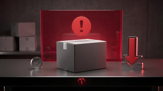 Shipping package with warning alert and download icon