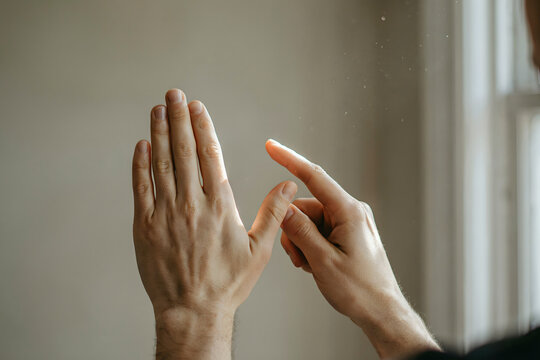 Close up of two hands performing a sign language gesture with fingers extended and touching in a bright room with soft natural window light