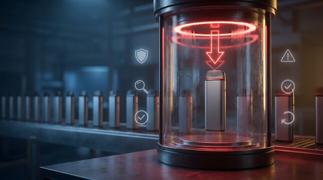 Futuristic Quality Control and Laser Inspection of Electronic Device in High Tech Factory Chamber