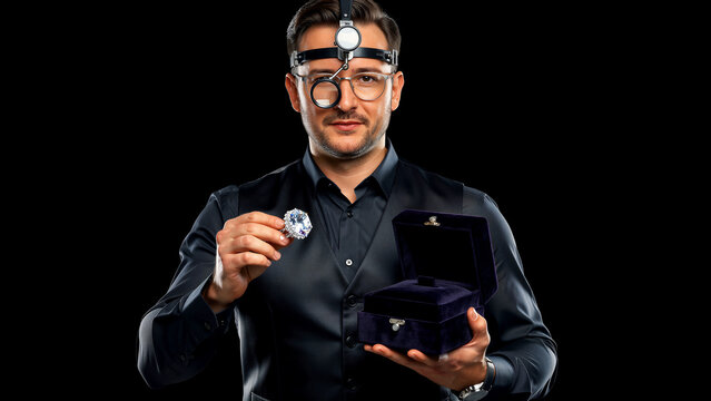 Professional jeweler holding a luxury diamond ring and box. Expert gemologist wearing magnifying loupe on black backdrop. High-end appraisal concept for jewelry retail and certification marketing.