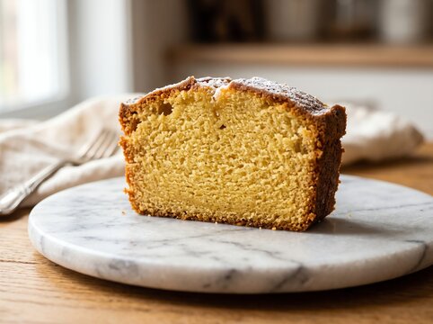 pound cake slice dusted with sugar on marble board in kitchen setting