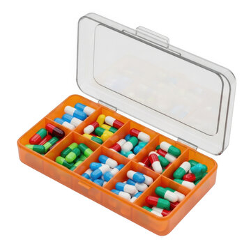 Assorted colorful pills and capsules in an open orange pill organizer container isolated on transparent background