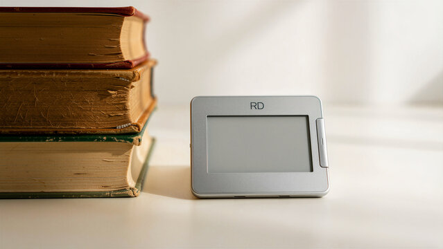 Modern e-reader device standing next to a stack of vintage hardcover books on a bright surface. Digital reader juxtaposed with old antique literature. Evolution of reading and education concept.