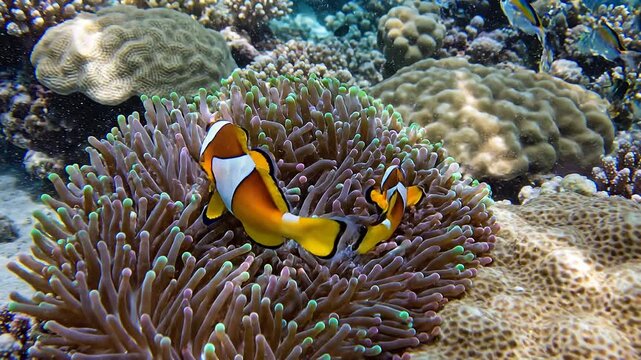 Clownfish Nestled in Anemone: A vibrant clownfish with striking orange and white stripes finds sanctuary within the delicate tentacles of a sea anemone.