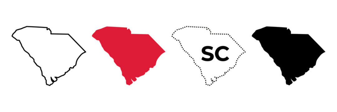 South Carolina state map vector set, 4 icons in black and red, minimalist SC outline and silhouette graphics for travel and education