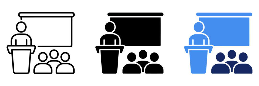 Presentation icon set with speaker at podium, business seminar lecture symbols, training workshop vector graphics