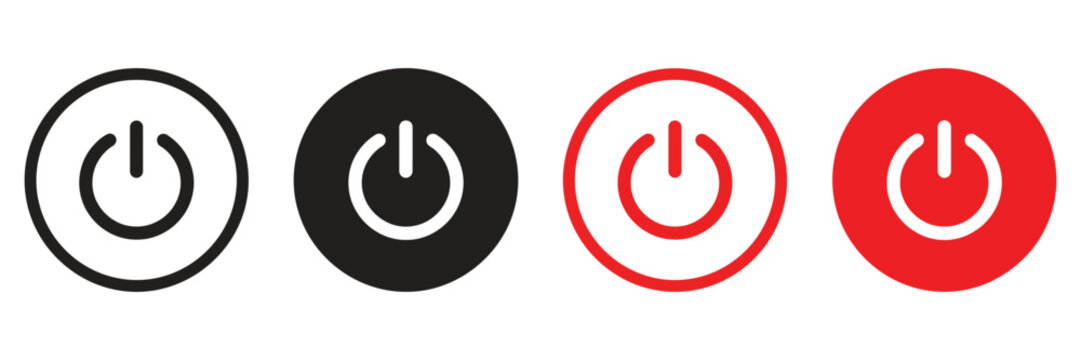 Minimalist power button icon set, red and black standby symbols, 4 circular start switch vectors for UI design