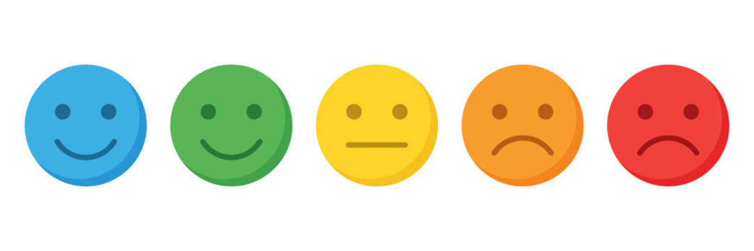 Colorful emoji feedback icons, customer satisfaction rating scale, flat vector set of five facial expressions for survey reviews